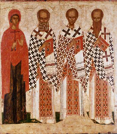 Репродукция иконы Василий Великий, Григорий Богослов, Иоанн Златоуст и Параскева Пятница. XIV век. Псков Репродукция иконы Василий Великий, Григорий Богослов, Иоанн Златоуст и Параскева Пятница. XIV век. Псков