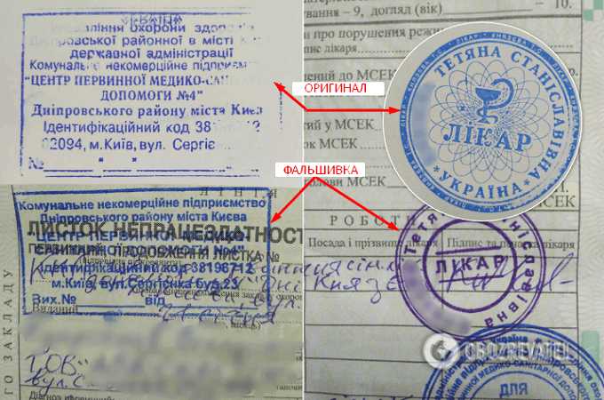 Сверху – штамп и печать, которые используют в ЦПМСП №4 Снизу – их подделки. Различия налицо