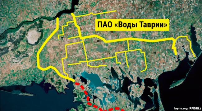 Схема гипотетического объединения Северо-Крымского и Каховского магистрального каналов якобы для их передачи в управление акционерного общества «Воды Таврии»