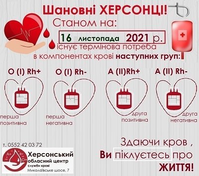 Херсонський обласний центр служби крові закликає донорів допомогти