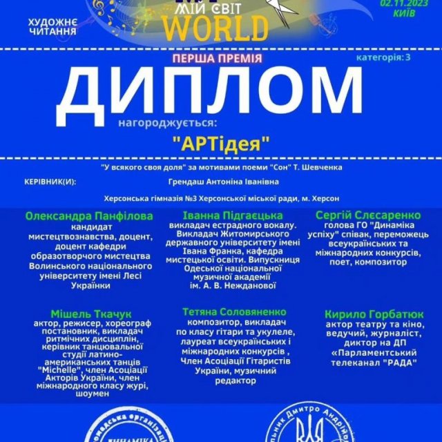 Учні херсонської гімназії перемогли у Міжнародному конкурсі мистецтв “Мій світ”