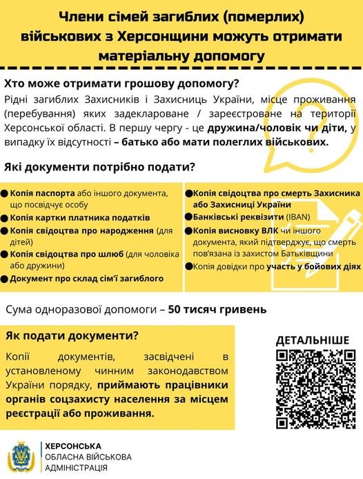 На Херсонщині продовжує діяти обласна програма підтримки родини загиблих Захисників і Захисниць