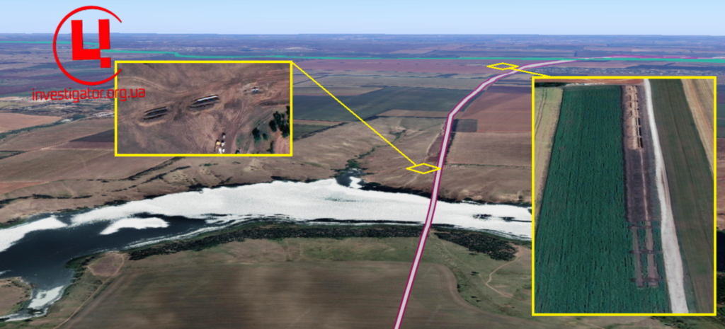 Кальчикське водосховище на маршруті Маріупольської об'їзної  Джерело фото: Google Earth Колаж: investigator.org.ua 