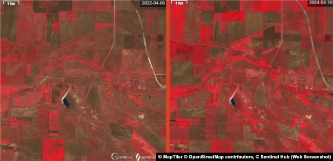 Міжгірне водосховище: ліворуч – станом на 6 квітня 2022 року, праворуч – станом на 10 квітня 2024 року