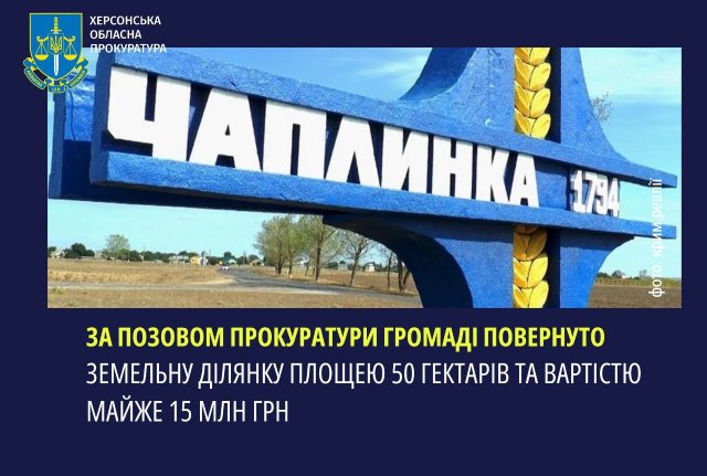 За позовом прокуратури громаді на Херсонщині повернуто земельну ділянку площею 50 га та вартістю майже 15 млн грн