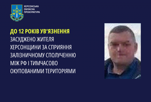 До 12 років ув’язнення засуджено жителя Херсонщини за сприяння залізничному сполученню між рф і тимчасово окупованими територіями