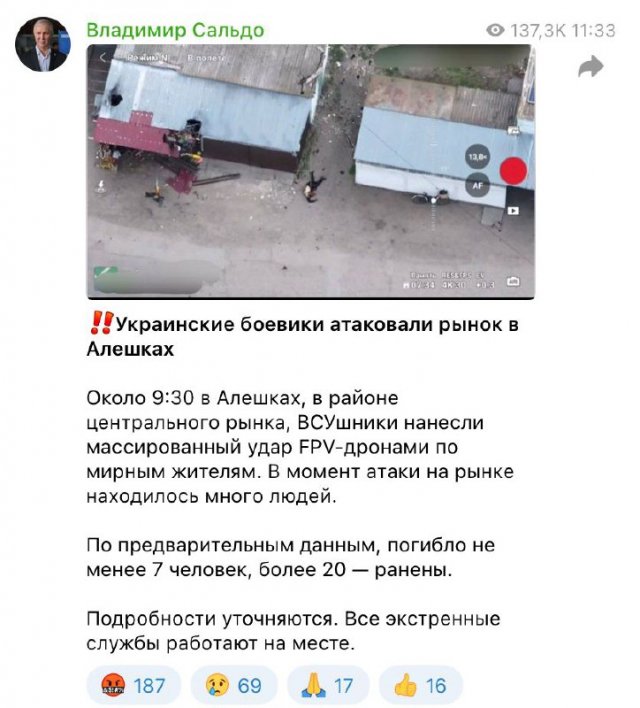 Оператор дрона ЗСУ знищив групу російських окупантів в Олешках